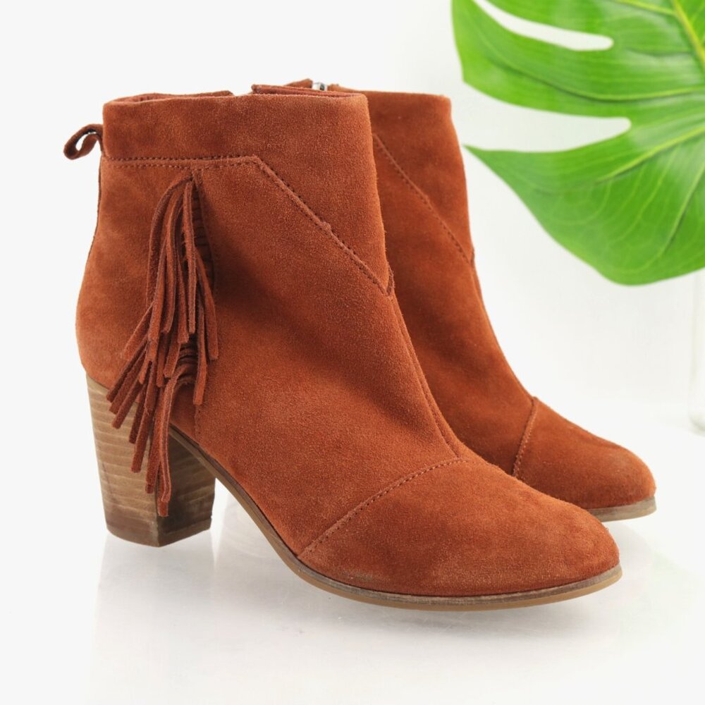 Toms Womens Lunata Boots Size 7.5 Orange Rust Suede Fringe‎ Block Heel Booties